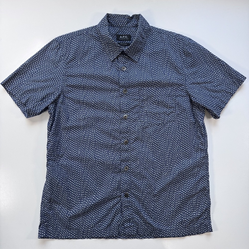 APC Rue Madame Paris Short Sleeve Button Up Shirt Mens Large Blue WhitePolka Dot